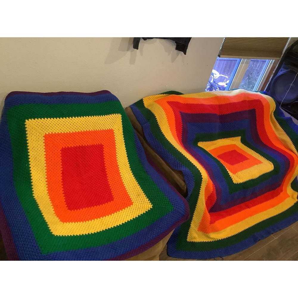2 Unique Handmade Crochet Throw Blanket  Bedding Rainbow Knitted - Picture 3 of 4